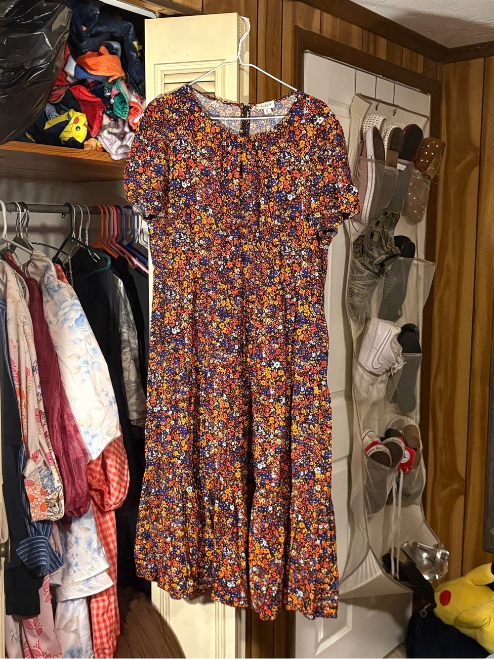 J. Crew Black Floral Midi Dress with Orange, Pink & Blue Accents